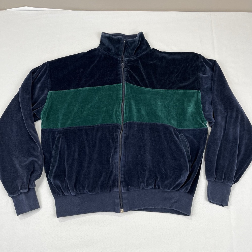 Vintage 90s Honors Men's Large Velour Track Jacket Full Zip Navy Blue Green